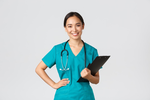 Healthcare Workers Preventing Virus Quarantine Campaign Concept Smiling Pleasant Asian Female Physician Doctor During Examination Wearing Scrubs Holding Clipboard White Background 1258 21394